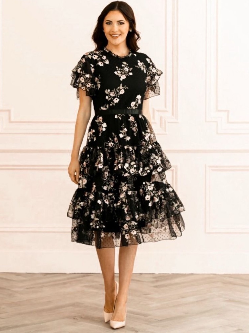 Rachel Parcell Black Floral Tiered Midi Dress with floral Embroidery